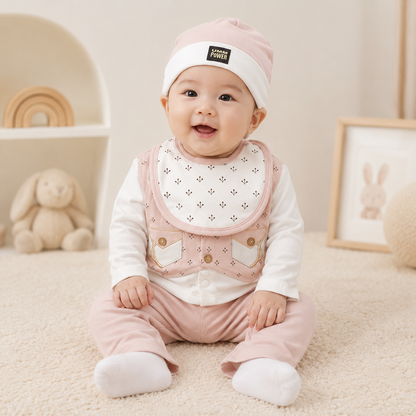 Baby Boys Blush Pink Floral Sprig Print Vest Bow Tie Top & Pants Set with Hat & Bib