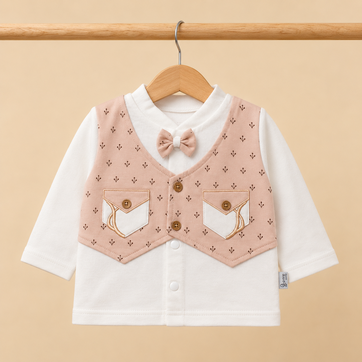 Baby Boys Blush Pink Floral Sprig Print Vest Bow Tie Top & Pants Set with Hat & Bib