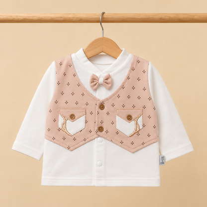 Baby Boys Blush Pink Floral Sprig Print Vest Bow Tie Top & Pants Set with Hat & Bib