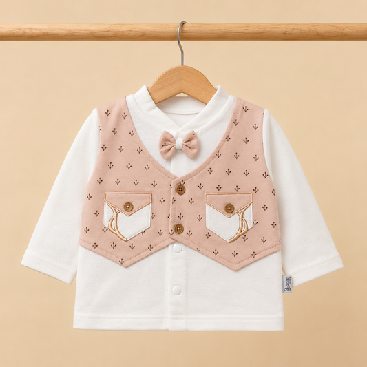 Baby Boys Blush Pink Floral Sprig Print Vest Bow Tie Top & Pants Set with Hat & Bib