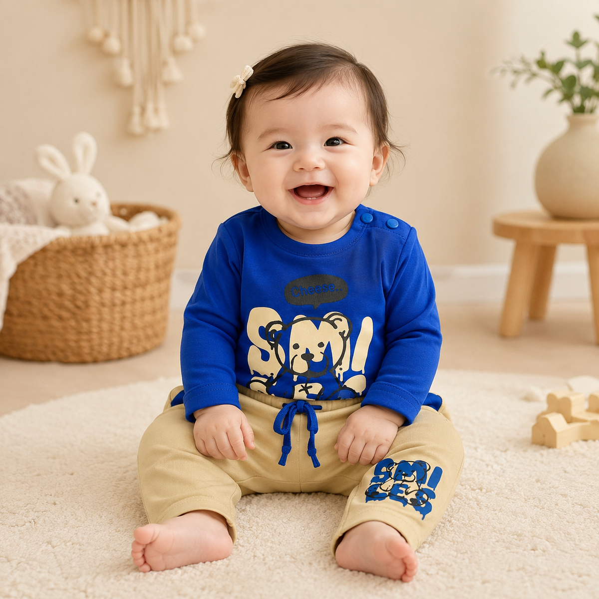 Boys Royal Blue "Smiles" Graffiti Bear Long Sleeve Top & Khaki Drawstring Shorts Set