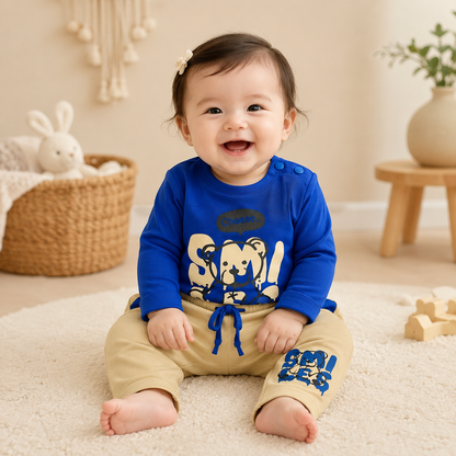 Boys Royal Blue "Smiles" Graffiti Bear Long Sleeve Top & Khaki Drawstring Shorts Set