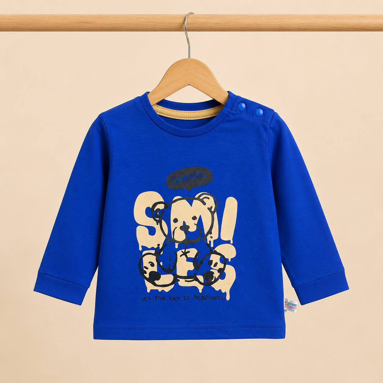 Boys Royal Blue "Smiles" Graffiti Bear Long Sleeve Top & Khaki Drawstring Shorts Set