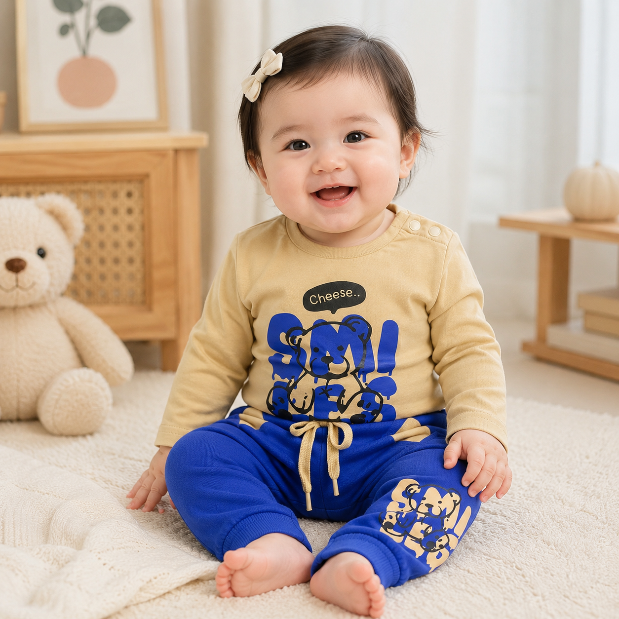 Baby Boys Camel "Smiles" Graffiti Bear Long Sleeve Top & Royal Blue Drawstring Shorts Set