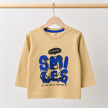 Baby Boys Camel "Smiles" Graffiti Bear Long Sleeve Top & Royal Blue Drawstring Shorts Set