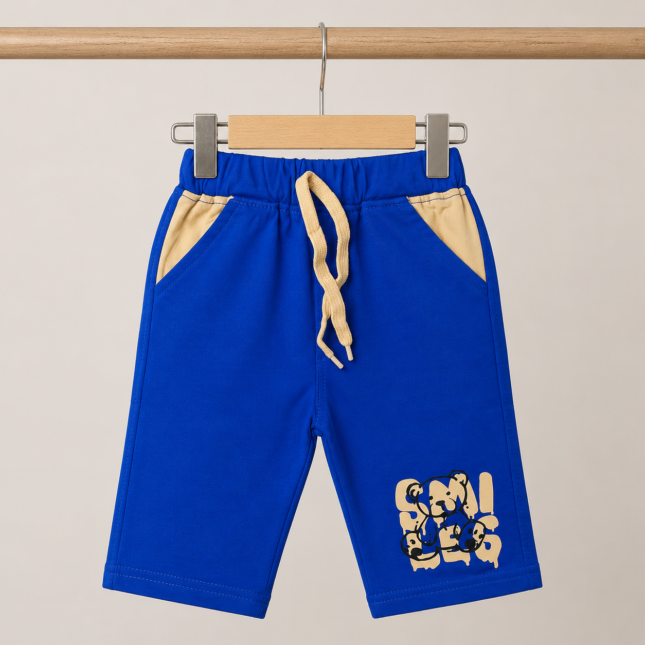 Baby Boys Camel "Smiles" Graffiti Bear Long Sleeve Top & Royal Blue Drawstring Shorts Set