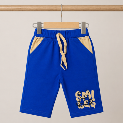 Baby Boys Camel "Smiles" Graffiti Bear Long Sleeve Top & Royal Blue Drawstring Shorts Set