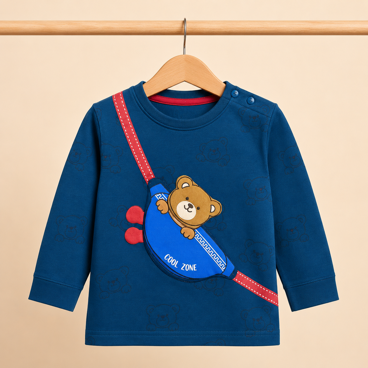 Baby Teal "Cool Zone" Bear Fanny Pack Long Sleeve Top & Red Drawstring Pants Set
