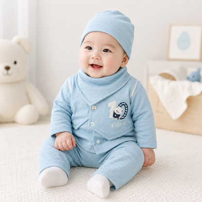 Baby Boys Sky Blue "Winner" Bear Quilted Texture Button-Front Top, Pants, Bib & Beanie Hat 4-Piece Set
