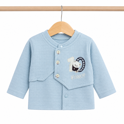 Baby Boys Sky Blue "Winner" Bear Quilted Texture Button-Front Top, Pants, Bib & Beanie Hat 4-Piece Set