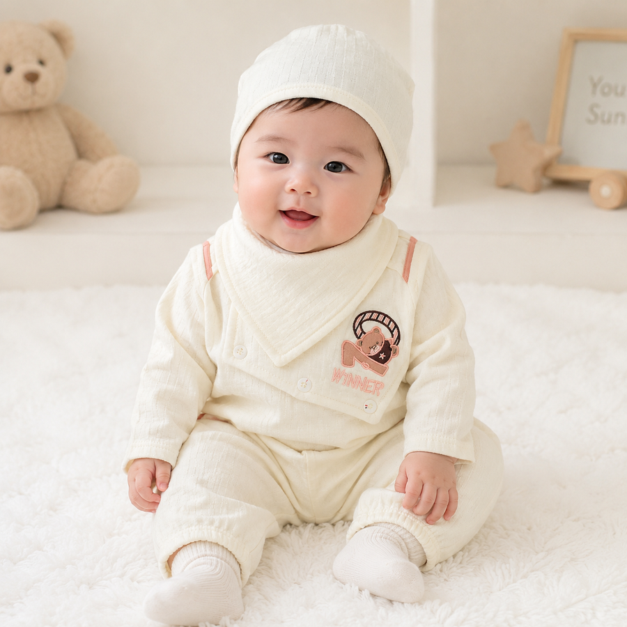 Baby Cream "Winner" Bear Quilted Texture Button-Front Top, Pants, Bandana Bib & Beanie Hat 4-Piece Set