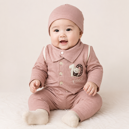 Baby Dusty Pink "Winner" Bear Quilted Texture Button-Front Top, Pants, Bib & Beanie Hat 4-Piece Set