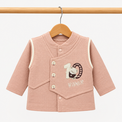Baby Dusty Pink "Winner" Bear Quilted Texture Button-Front Top, Pants, Bib & Beanie Hat 4-Piece Set