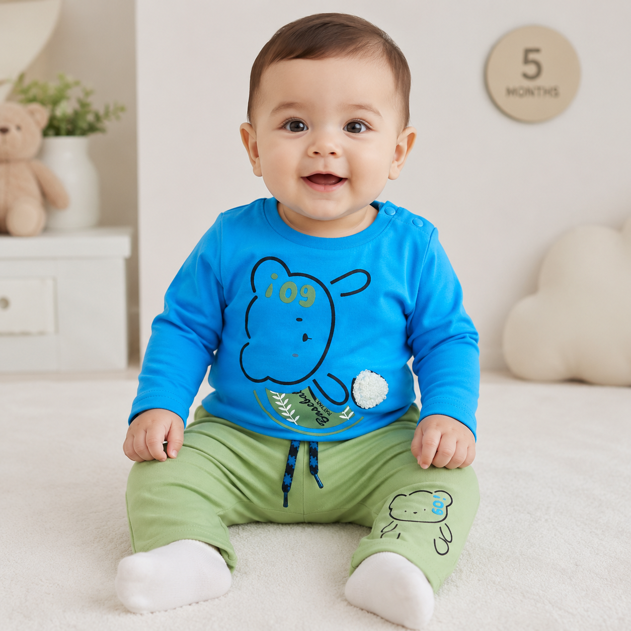 Baby Boys Electric Blue "i09 Bunny Natural" 3D Pom-Pom Bear Long Sleeve Top & Sage Green Drawstring Pants Set