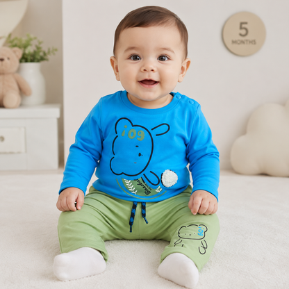 Baby Boys Electric Blue "i09 Bunny Natural" 3D Pom-Pom Bear Long Sleeve Top & Sage Green Drawstring Pants Set