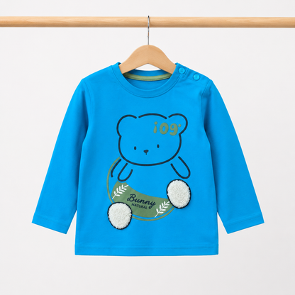 Baby Boys Electric Blue "i09 Bunny Natural" 3D Pom-Pom Bear Long Sleeve Top & Sage Green Drawstring Pants Set