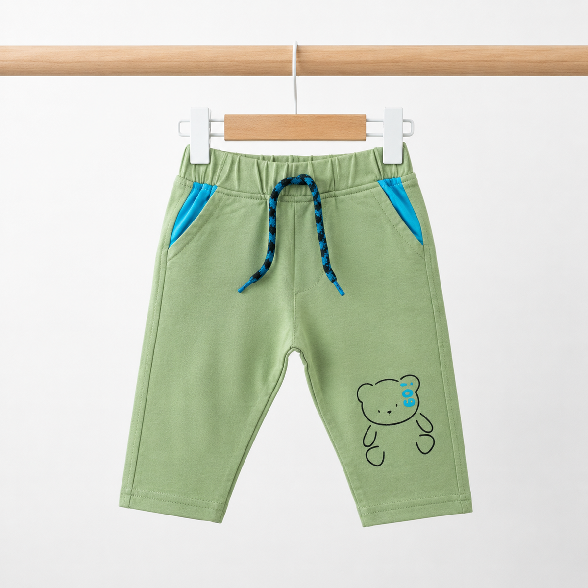 Baby Boys Electric Blue "i09 Bunny Natural" 3D Pom-Pom Bear Long Sleeve Top & Sage Green Drawstring Pants Set