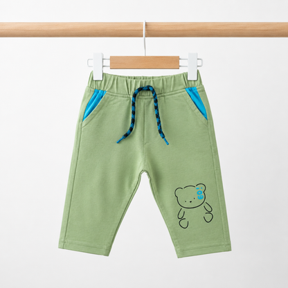Baby Boys Electric Blue "i09 Bunny Natural" 3D Pom-Pom Bear Long Sleeve Top & Sage Green Drawstring Pants Set