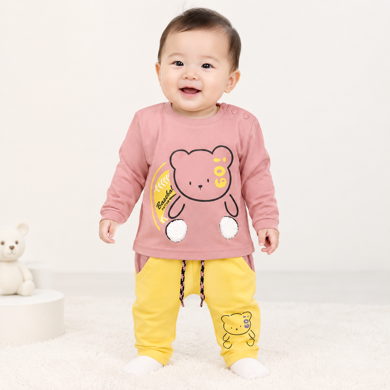 Baby Girls Dusty Pink "i09 Baseball Patter" 3D Pom-Pom Bear Long Sleeve Top & Yellow Drawstring Pants Set