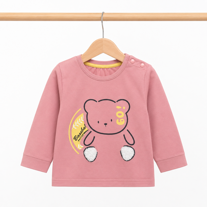 Baby Girls Dusty Pink "i09 Baseball Patter" 3D Pom-Pom Bear Long Sleeve Top & Yellow Drawstring Pants Set