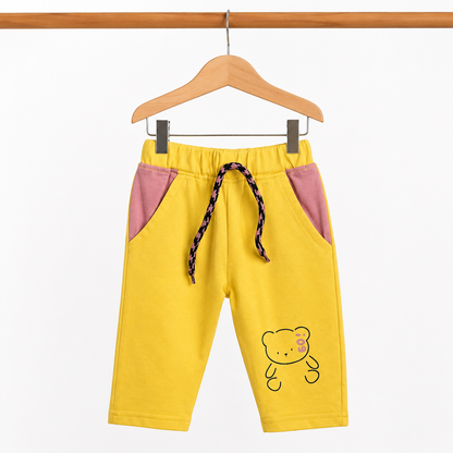 Baby Girls Dusty Pink "i09 Baseball Patter" 3D Pom-Pom Bear Long Sleeve Top & Yellow Drawstring Pants Set