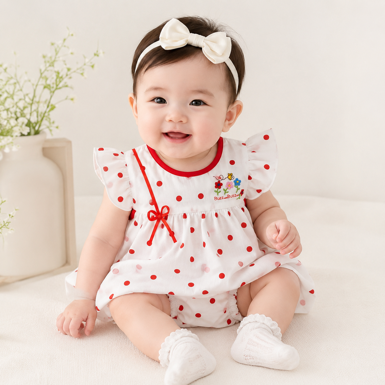 Baby Girls White & Red Polka Dot "Buzz on Buzz" Bee & Floral Embroidered Flutter Sleeve Top & Bloomers 2-Piece Set