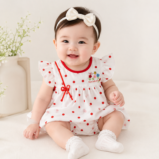 Baby Girls White & Red Polka Dot "Buzz on Buzz" Bee & Floral Embroidered Flutter Sleeve Top & Bloomers 2-Piece Set