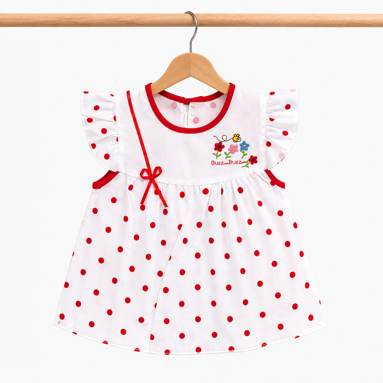 Baby Girls White & Red Polka Dot "Buzz on Buzz" Bee & Floral Embroidered Flutter Sleeve Top & Bloomers 2-Piece Set