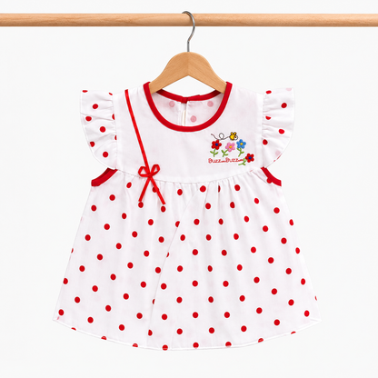 Baby Girls White & Red Polka Dot "Buzz on Buzz" Bee & Floral Embroidered Flutter Sleeve Top & Bloomers 2-Piece Set