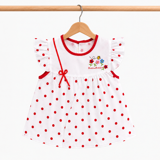 Baby Girls White & Red Polka Dot "Buzz on Buzz" Bee & Floral Embroidered Flutter Sleeve Top & Bloomers 2-Piece Set