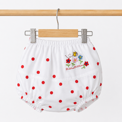 Baby Girls White & Red Polka Dot "Buzz on Buzz" Bee & Floral Embroidered Flutter Sleeve Top & Bloomers 2-Piece Set