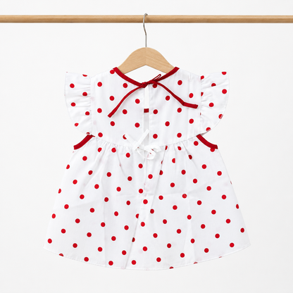 Baby Girls White & Red Polka Dot "Buzz on Buzz" Bee & Floral Embroidered Flutter Sleeve Top & Bloomers 2-Piece Set