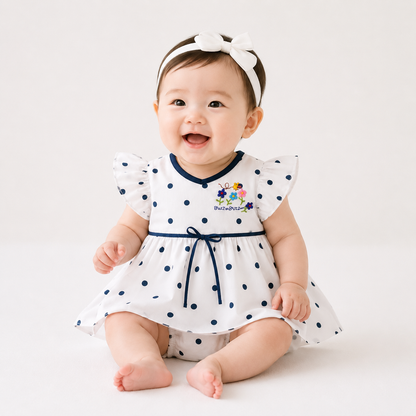 Baby Girls White & Navy Polka Dot "Buzz on Buzz" Bee & Floral Embroidered Flutter Sleeve Top & Bloomers 2-Piece Set