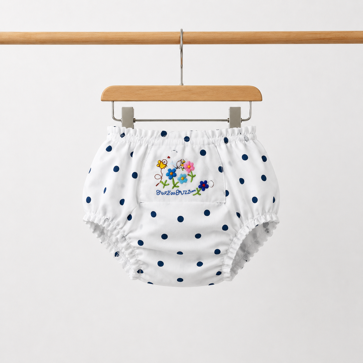 Baby Girls White & Navy Polka Dot "Buzz on Buzz" Bee & Floral Embroidered Flutter Sleeve Top & Bloomers 2-Piece Set