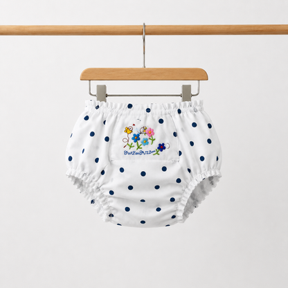 Baby Girls White & Navy Polka Dot "Buzz on Buzz" Bee & Floral Embroidered Flutter Sleeve Top & Bloomers 2-Piece Set
