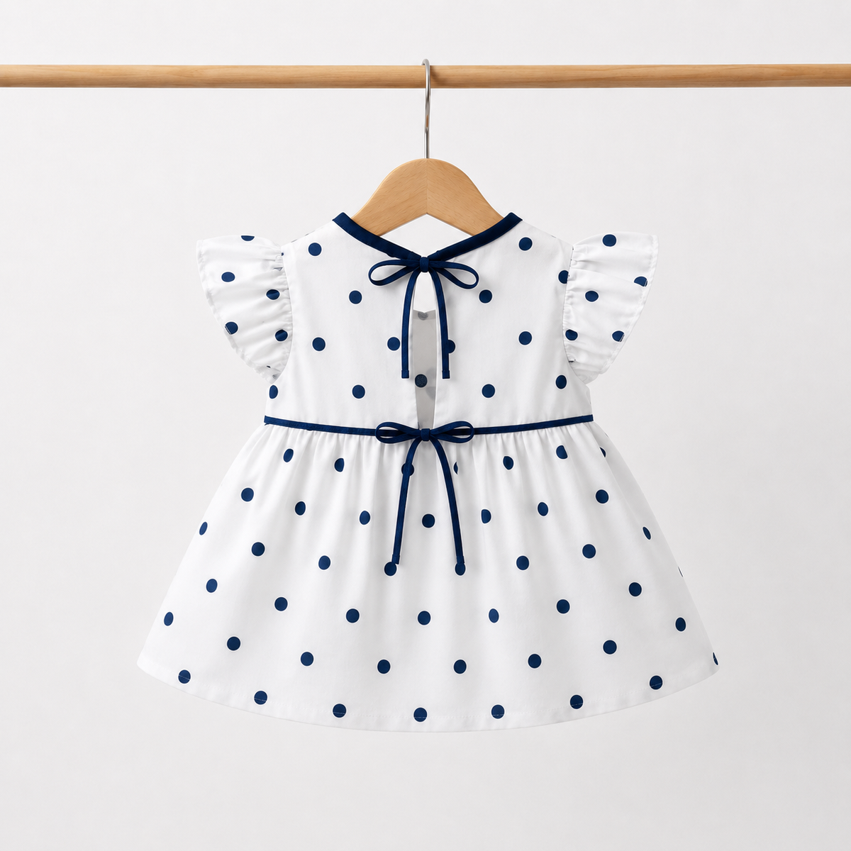 Baby Girls White & Navy Polka Dot "Buzz on Buzz" Bee & Floral Embroidered Flutter Sleeve Top & Bloomers 2-Piece Set