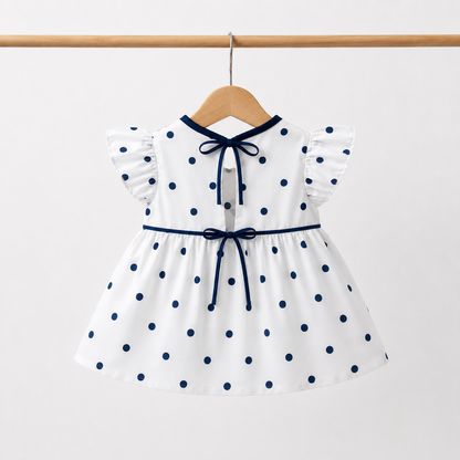 Baby Girls White & Navy Polka Dot "Buzz on Buzz" Bee & Floral Embroidered Flutter Sleeve Top & Bloomers 2-Piece Set