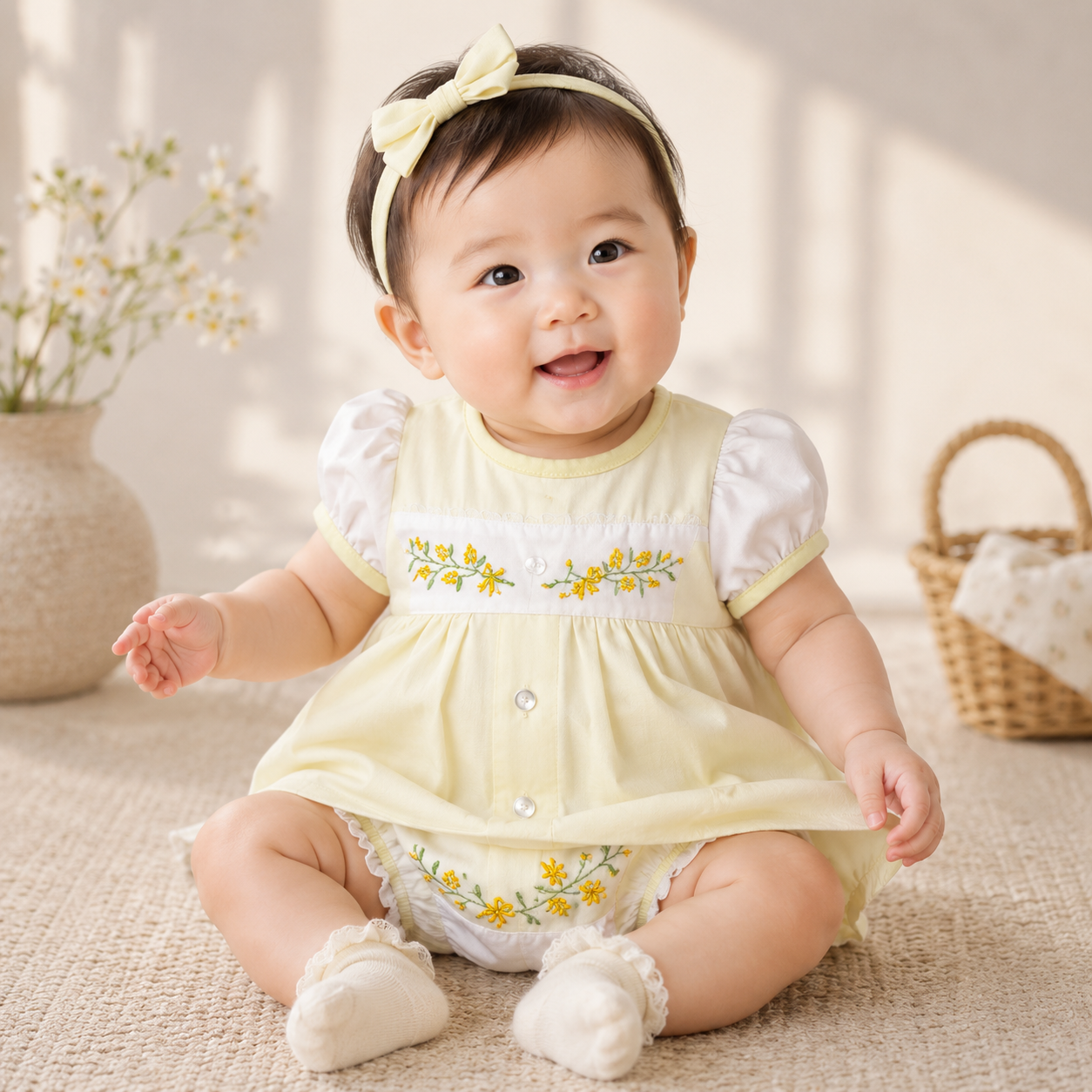 Baby Girls Lemon Yellow & White Floral Embroidered Puff Sleeve Button-Front Top & Bloomers 2-Piece Set