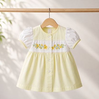 Baby Girls Lemon Yellow & White Floral Embroidered Puff Sleeve Button-Front Top & Bloomers 2-Piece Set