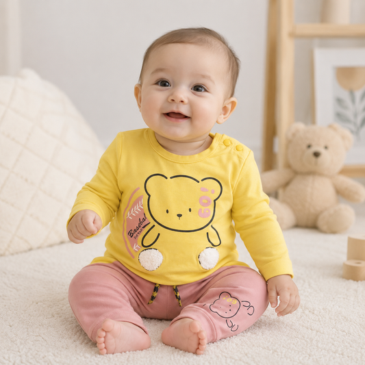Baby Yellow "Baseball Panda" 3D Pom-Pom Bear Long Sleeve Top & Pink Drawstring Pants Set