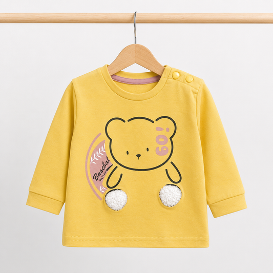 Baby Yellow "Baseball Panda" 3D Pom-Pom Bear Long Sleeve Top & Pink Drawstring Pants Set