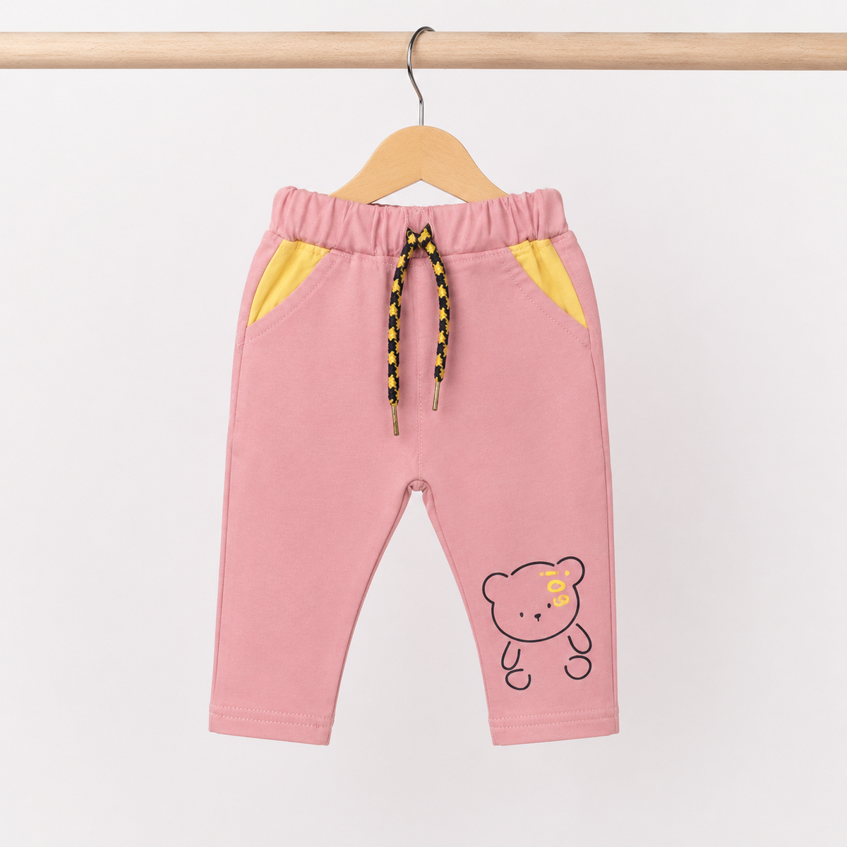 Baby Yellow "Baseball Panda" 3D Pom-Pom Bear Long Sleeve Top & Pink Drawstring Pants Set
