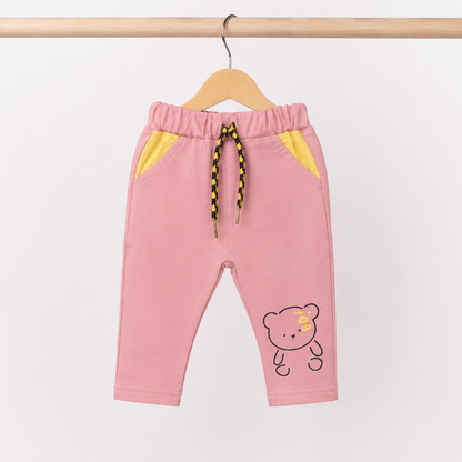 Baby Yellow "Baseball Panda" 3D Pom-Pom Bear Long Sleeve Top & Pink Drawstring Pants Set