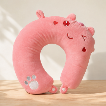Kids & Adults Pink "Love Bear" Plush U-Shape Neck Travel Pillow with Heart & Paw Print Embroidery