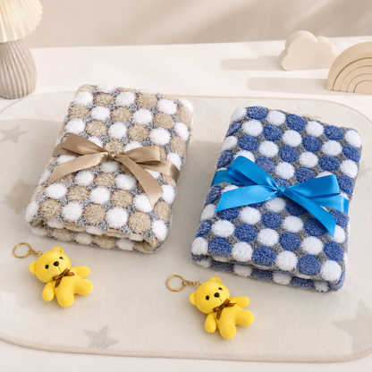 Checkerboard Pom-Pom Texture Fluffy Baby Blanket with Satin Ribbon Bow & Bear Keychain Gift Set