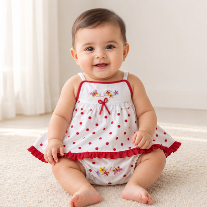 Baby Girls White & Red Polka Dot Butterfly & Floral Embroidered Spaghetti Strap Swing Top & Bloomers 2-Piece Set