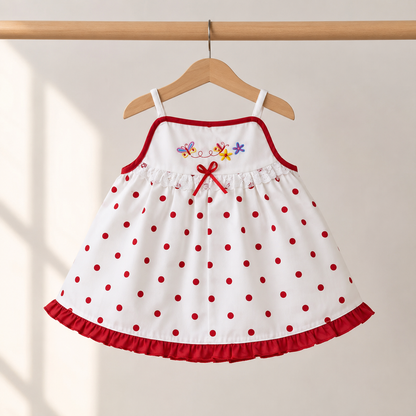 Baby Girls White & Red Polka Dot Butterfly & Floral Embroidered Spaghetti Strap Swing Top & Bloomers 2-Piece Set