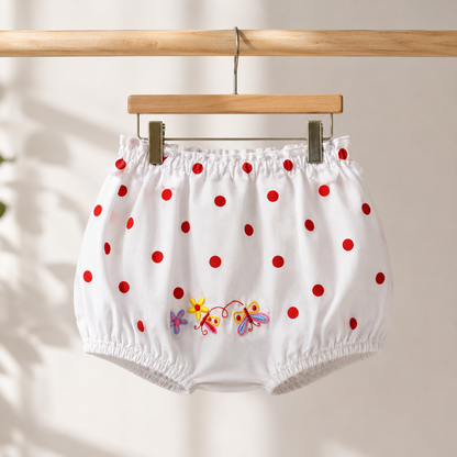 Baby Girls White & Red Polka Dot Butterfly & Floral Embroidered Spaghetti Strap Swing Top & Bloomers 2-Piece Set