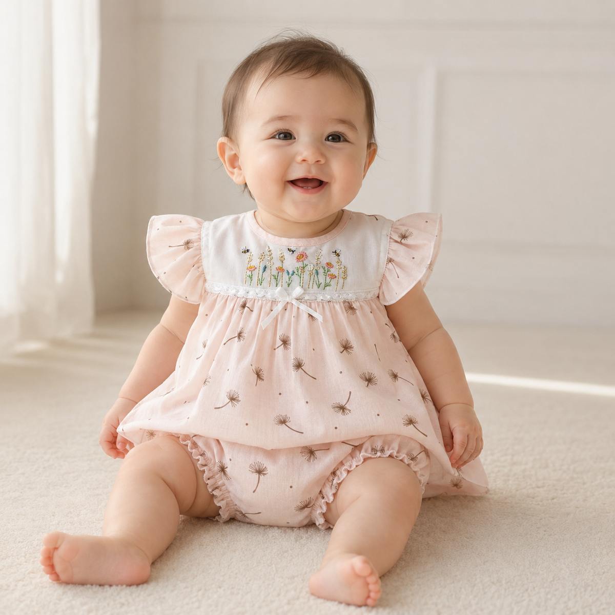 Baby Girls Blush Pink All-Over Dandelion Print Bee & Wildflower Embroidered Flutter Sleeve A-Line Top & Bloomers 2-Piece Set