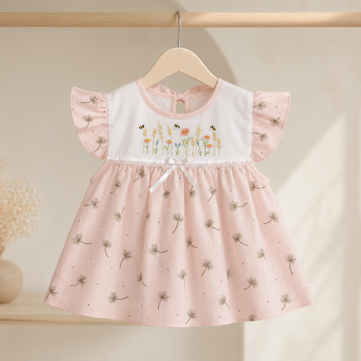 Baby Girls Blush Pink All-Over Dandelion Print Bee & Wildflower Embroidered Flutter Sleeve A-Line Top & Bloomers 2-Piece Set